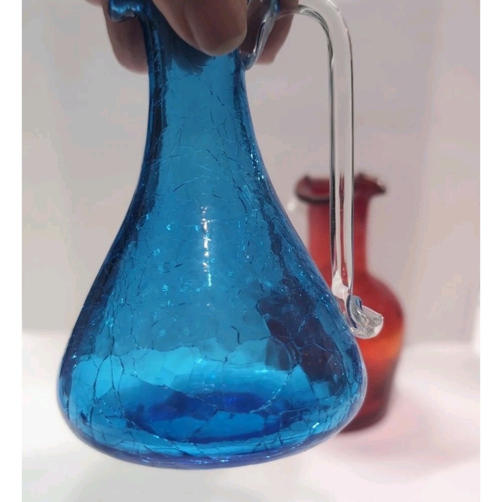 Vintage Cracked Glass Hand Blown Mini Pitchers / Bud Vases Set Of 2 Art Glass - Picture 14 of 15